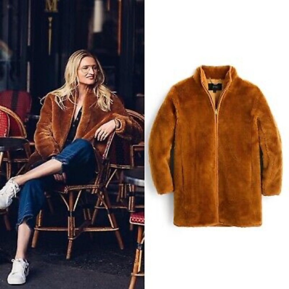 J. Crew Zip Up  Faux Fur Teddy Coat. Warm Brandy.